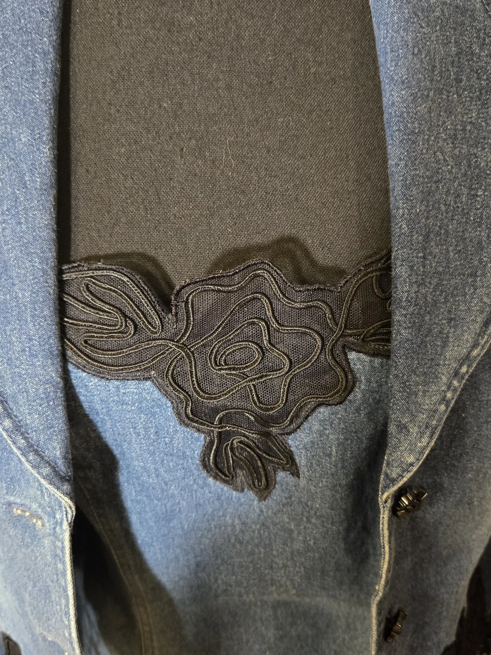 Basix II, Blue Denim Jacket & Skirt Set with Black Lace Trim